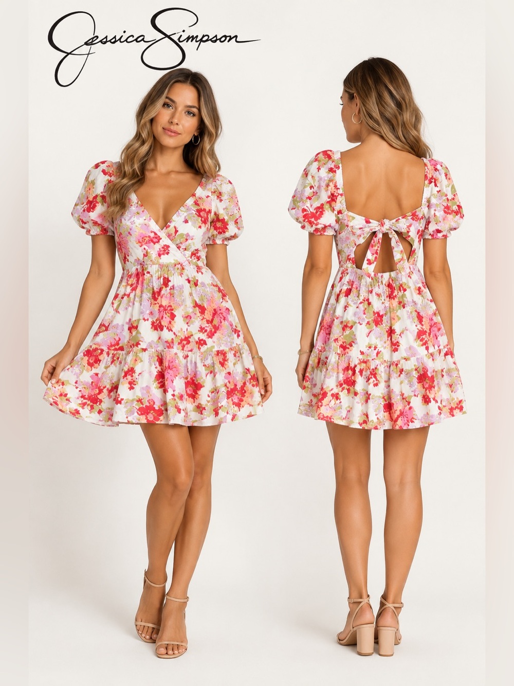 Jessica Simpson Floral Puff Sleeve Cutout Tie Back Mini Dress Size Small
